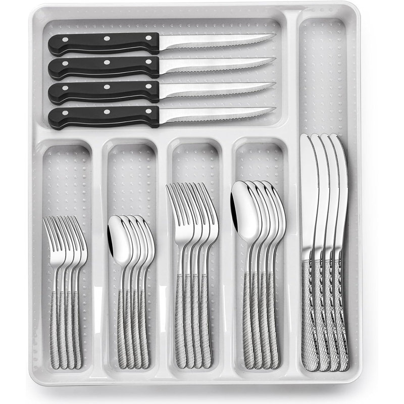 49-piece Round Hammered Silverware Set With Organizer