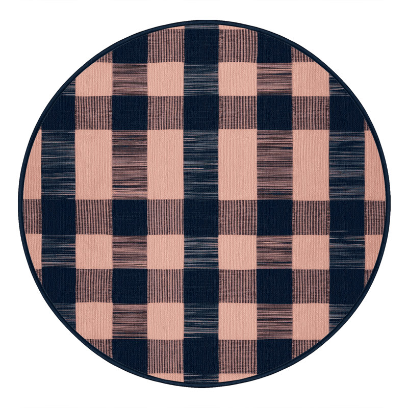 Tapis bleu à carreaux lavable à la machine, Rond 7 pi