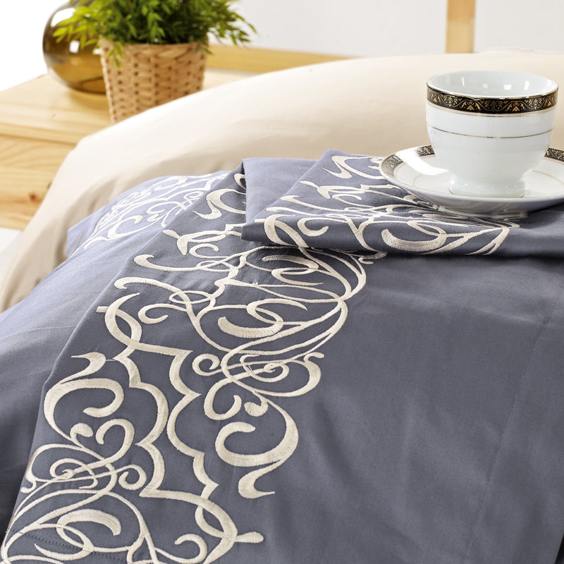 Slate Blue and Cream Cotton Pintuck King Duvet Cover Set