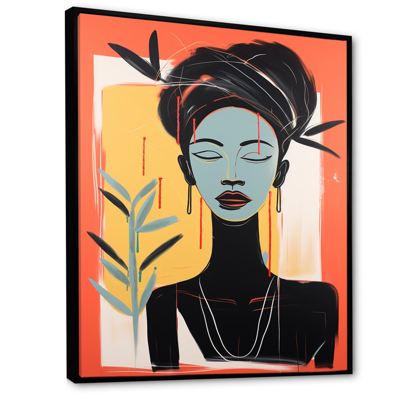 "Portrait d'art africain traditionnel noir et rose II", Cadre flottant noir, H 44 po x l 34 po x P 1,5 po