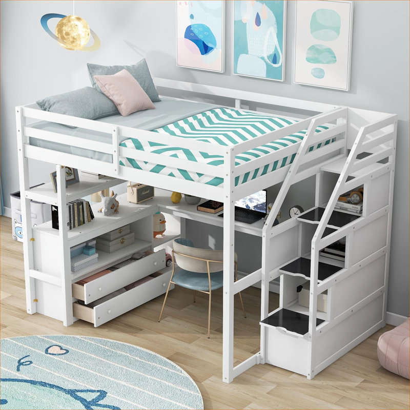 Lit mezzanine pleine grandeur pour petite chambre en pin massif blanc avec bureau intégré et rangement intégré, Full, White