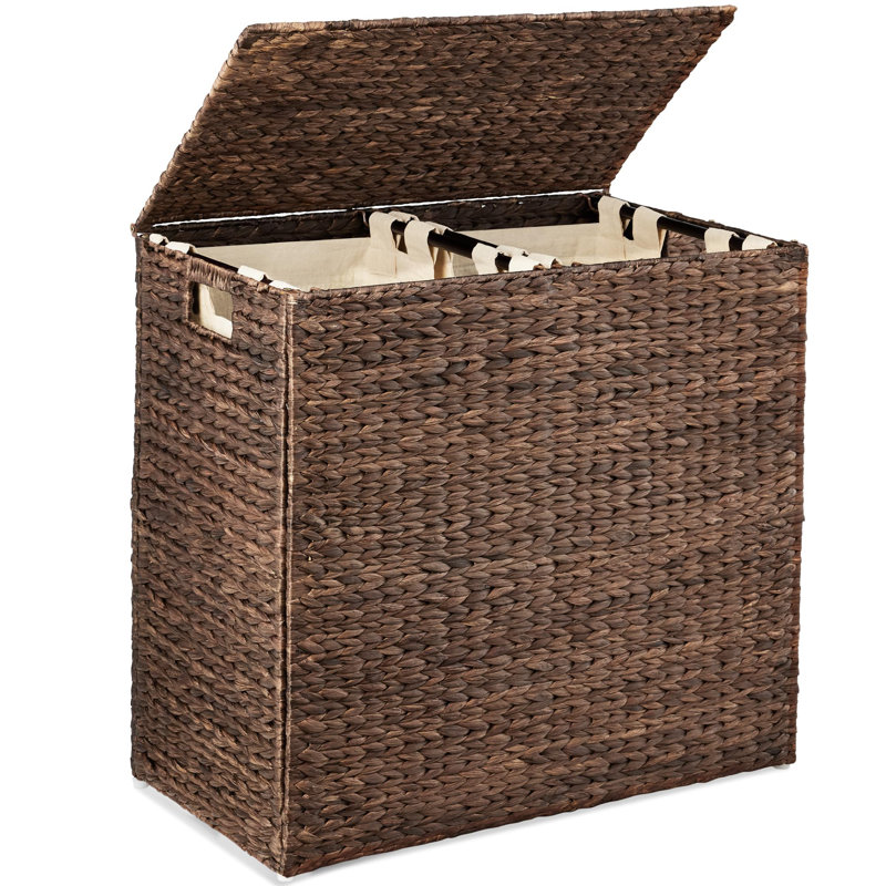 Large Water Hyacinth Double Laundry Hamper Basket w/ 2 Liner Bags, Handles, Espresso