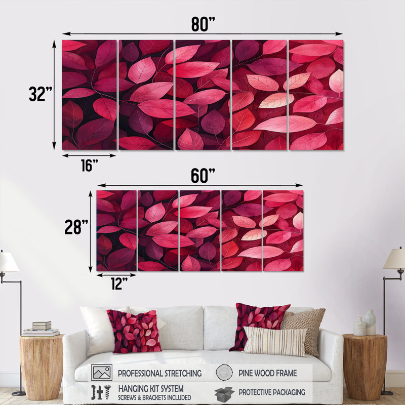 Crimson Leaves Dancing Ros I - Feuilles - Art mural traditionnel pour le salon, H 28 po x l 60 po, 5