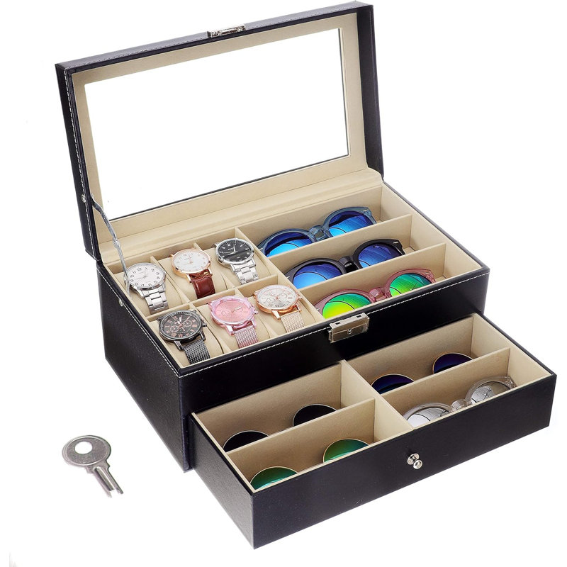 Leather Watch Box And Sunglass Glasses Case Organizer And Jewellery Display Drawer Lockable Case Organizer Black