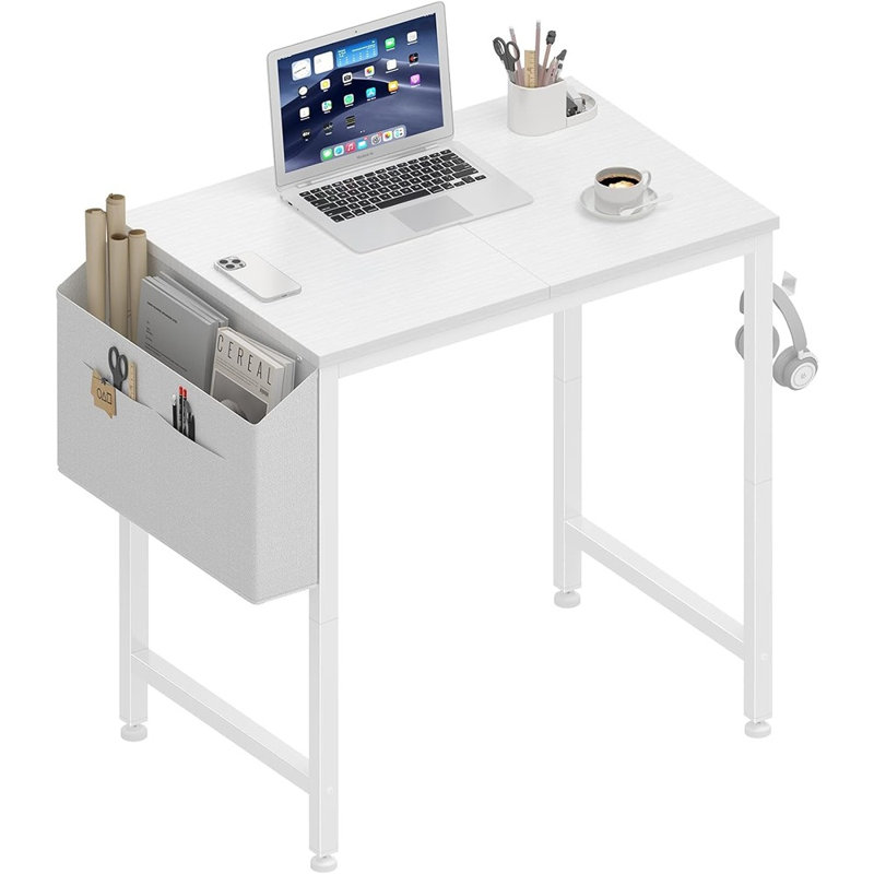 Petit bureau blanc pour petits espaces, mini-bureau d'écriture pour enfants de 24 pouces pour la chambre à coucher, petite table d'appoint pour ordinateur portable moderne avec crochet pour casque de rangement, blanc