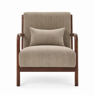 Corduroy Upholstered Wooden Armchair with Solid Wood Frame, Included Back Support Pillow, and Easy Assembly for Primary Living Spaces, Camel
