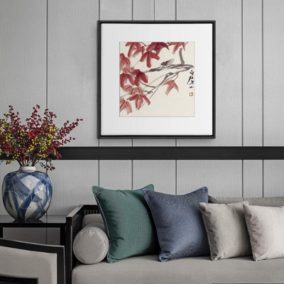 Chinese-Style Plants " Chinese Watercolor Cicada and Red Leaves " Print