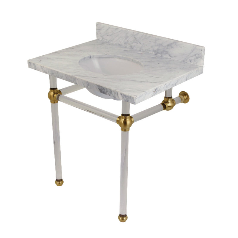Lavabo de salle de bain console rectangulaire avec trop-plein Templeton, Marbre de Carrare / Laiton Satiné