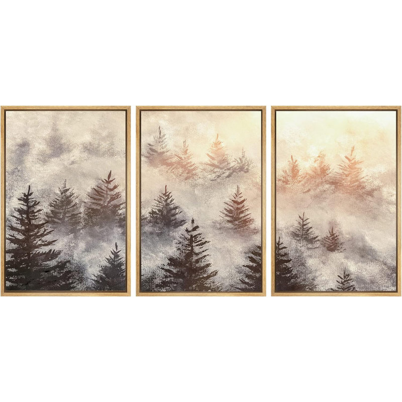 «Misty Pine Forest Mountain Sunrise Nature Floral», impression sur toile 3 pièces, H 24 po x l 48 po x P 1,5 po, Naturel