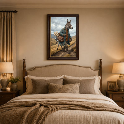 Art sur toile, "Donkey traveller" avec cartes roulées et sac sur la colline Grassy
