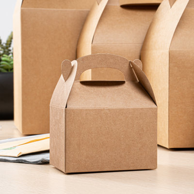 Restaurantware Kraft Gable Boxes 25 Count 4 x 2.5 x 2.5 Inches Paper Greaseproof Treat Boxes Cardboard Gift Boxes With Handles Recyclable Brown For Birthday Party Favors