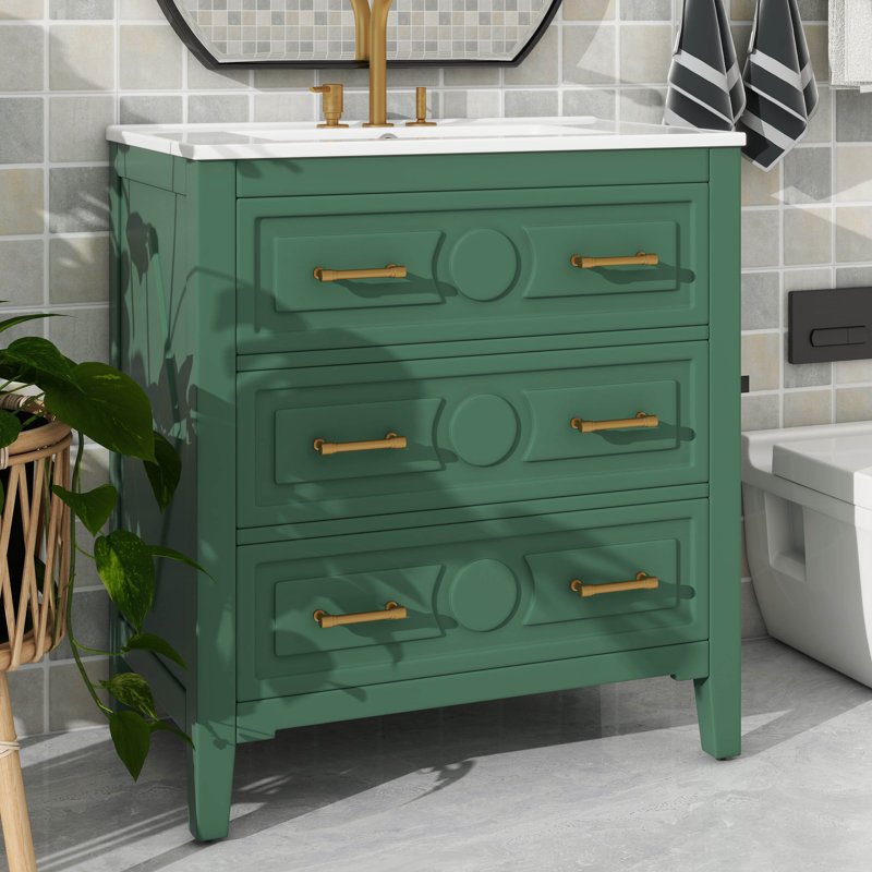 Armoire de rangement de salle de bain 30 po avec cadre en bois robuste et 3 tiroirs, Vert, Doré