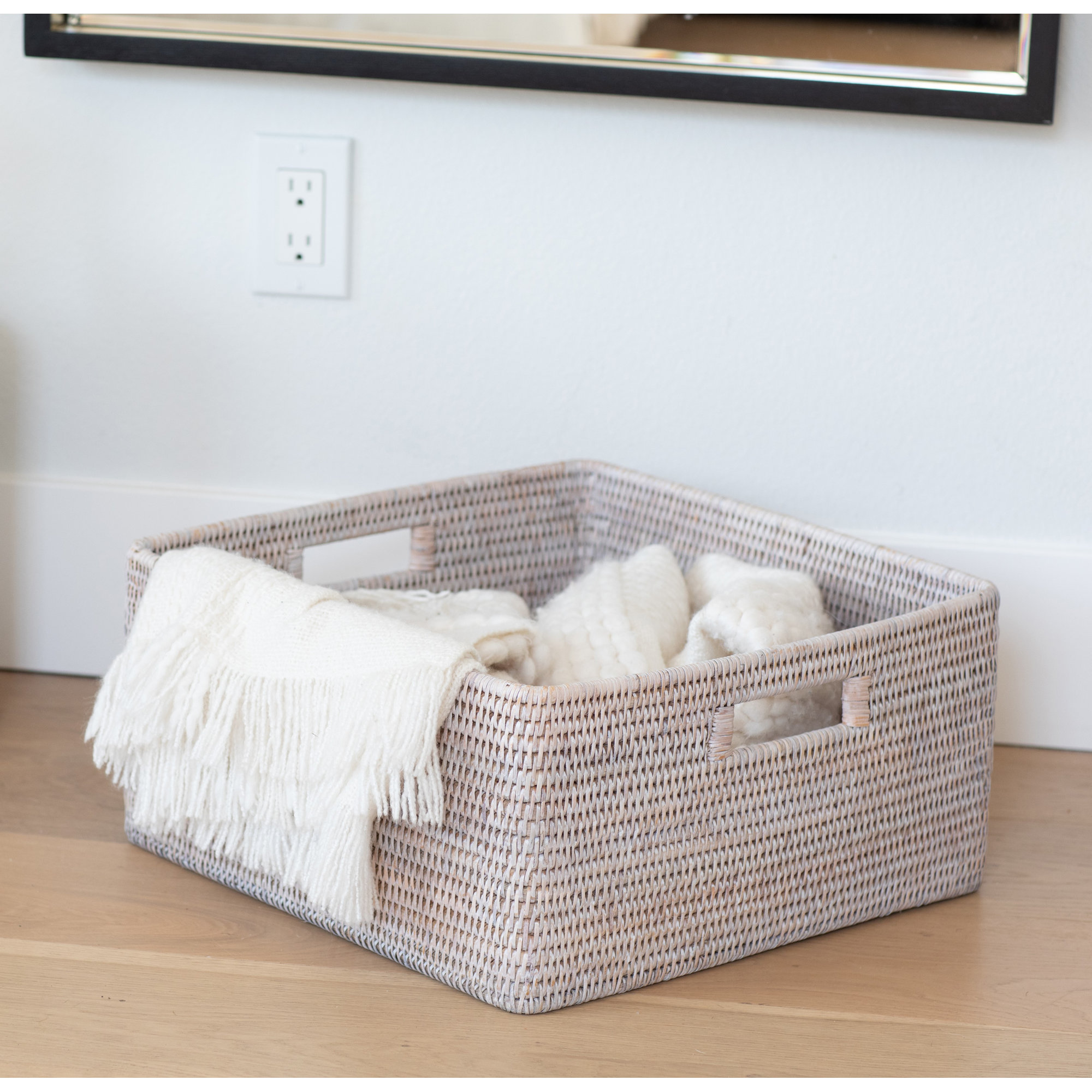 Rattan Square Basket with Handles, White Wash