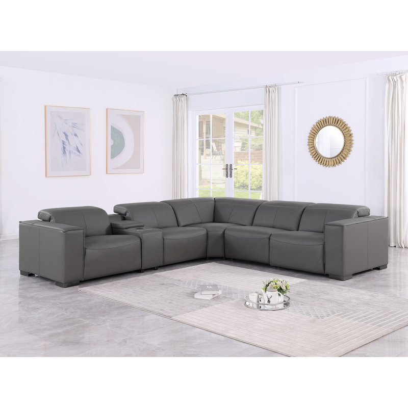 Canapé modulaire luxueux en cuir véritable 6 pièces avec 3 sièges inclinables électriques et appui-tête électrique, Gris