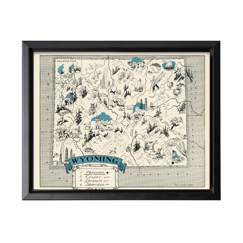 Carte illustrée du Wyoming, Cadre noir, Canevas, H 11 po x l 14 po