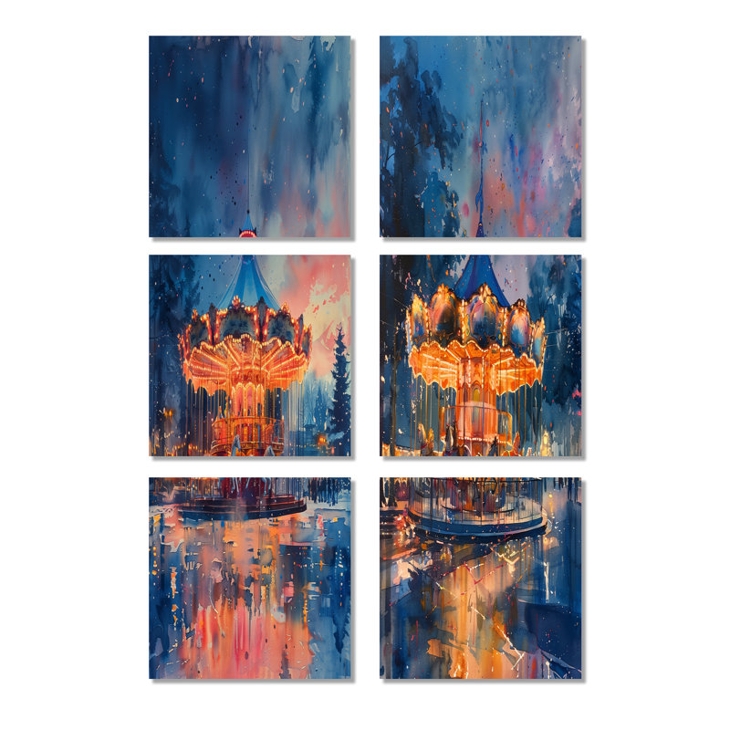 Carrousel de contes de fées orange et bleu - ensemble de 6 reproductions d'art sur toile, Toile tendue, Ne s’applique pas