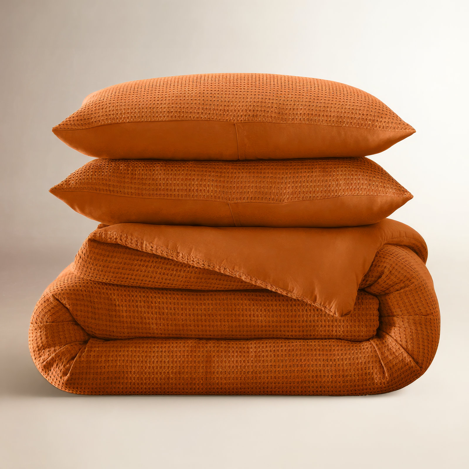 Felix Cotton Waffle Comforter Set, Rust, King / Cal King Comforter + 2 King Shams