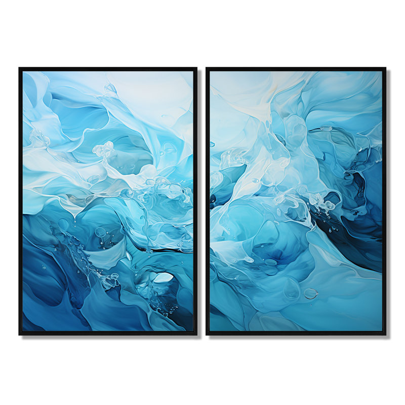 Oceanic Rhapsody I - art mural moderne bleu sarcelle 2 panneaux, H 36 po x l 48 po, Impression encadrée flottante, Noir