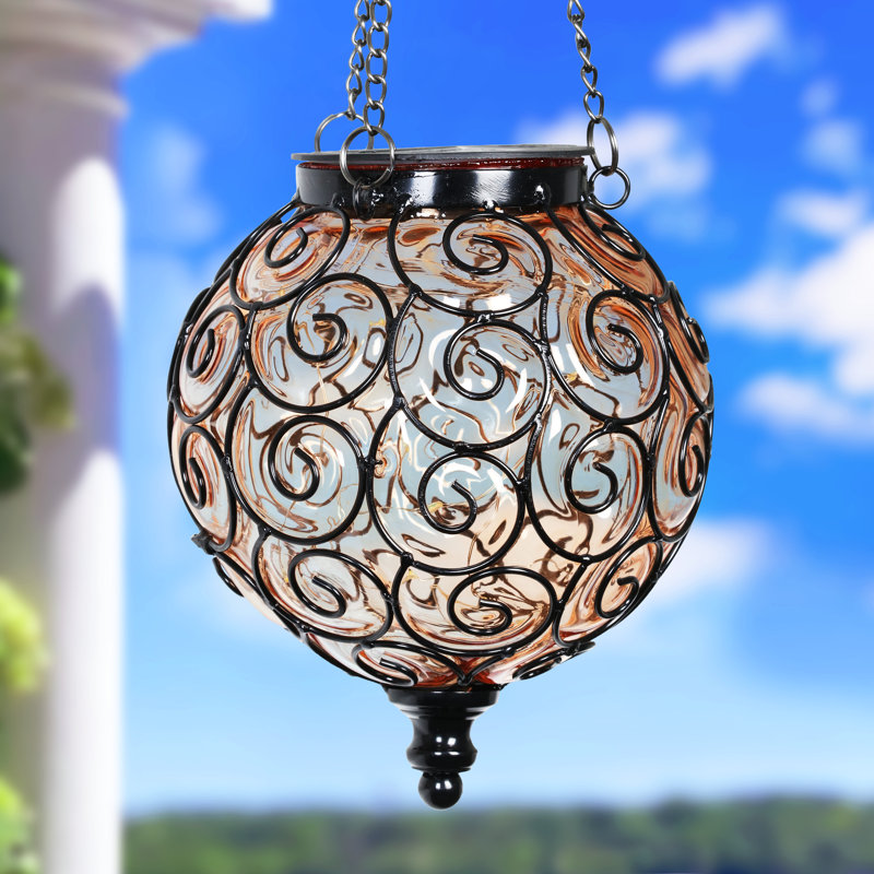 Exhart Solar Round Glass and Metal Hanging Lantern with 15 Cool White LED Firefly String Lights, 7 by 21", Amber