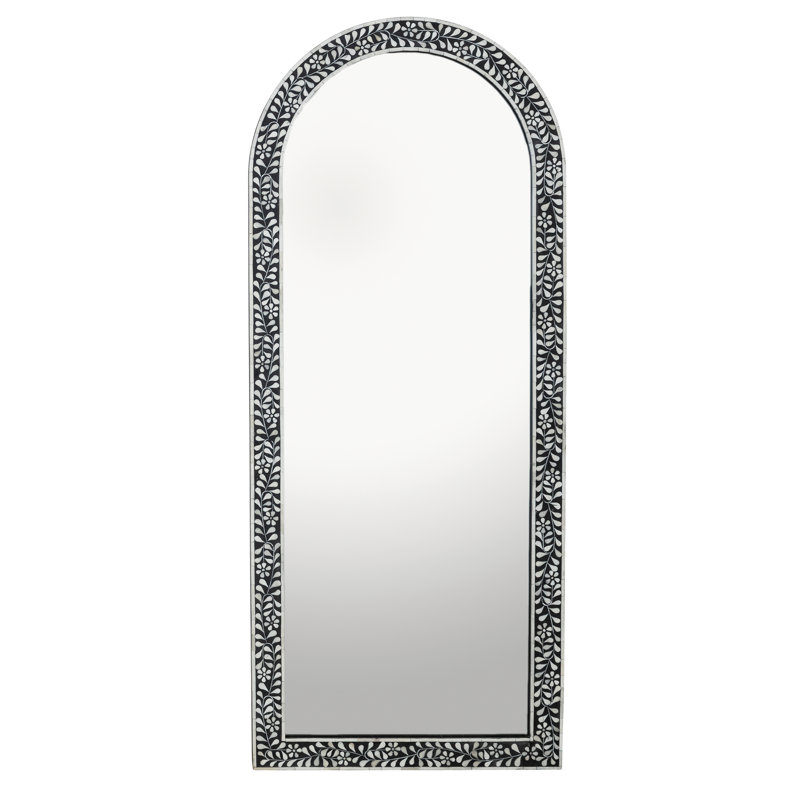 Mango Wood Arched Mirror With Bone Inlay Flowers And Leaves