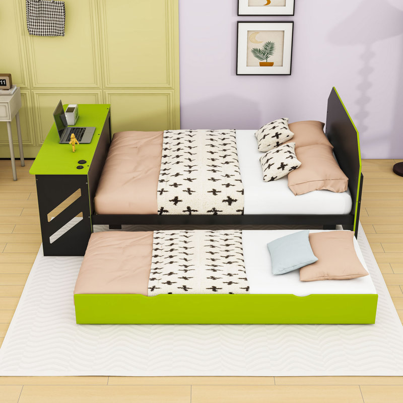 Lit de jour double avec couchette simple, port USB et bureau intelligent, Vert