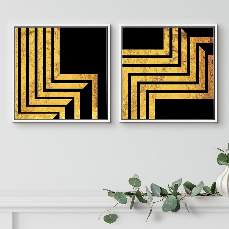 «Geometric Line», reproduction d'illusion mauve et verte encadrée sur toile, 2 pièces, H 16 po x l 32 po x P 1,5 po, Noir