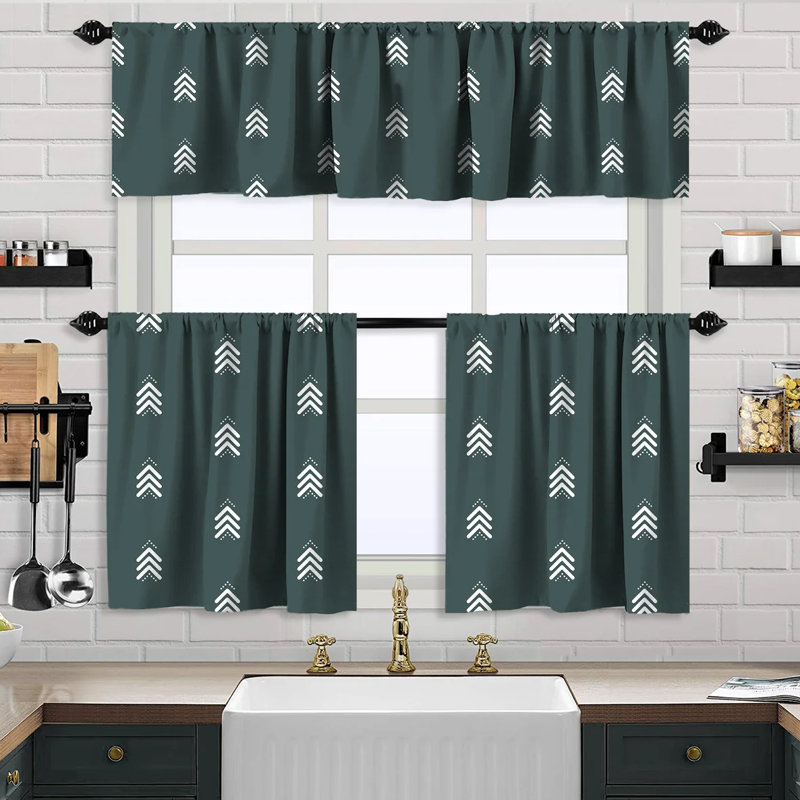 Boho Design Kitchen Valance and 2 Tiers Curtain, African Mud, Valances Tiers Cafe Curtains, Pine Green, 24" W x 24" L