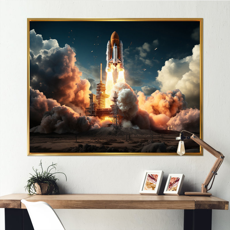 Lancement de fusée I sur toile, Cadre flottant doré, H 34 po x l 44 po x P 1,5 po