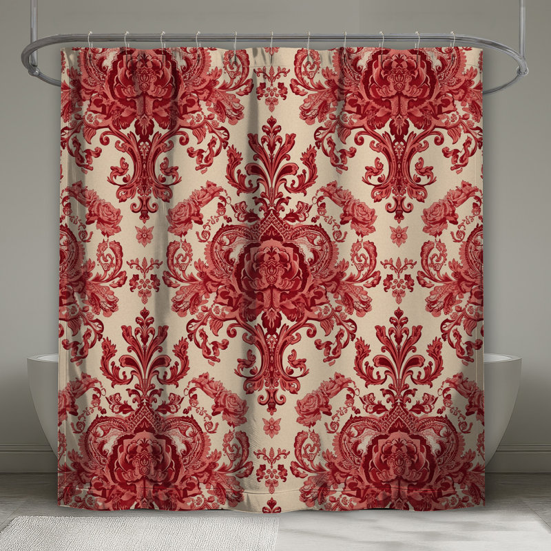 Rideaux de douche rouge à motif damassé floral extra long, L 70 po x H 72 po
