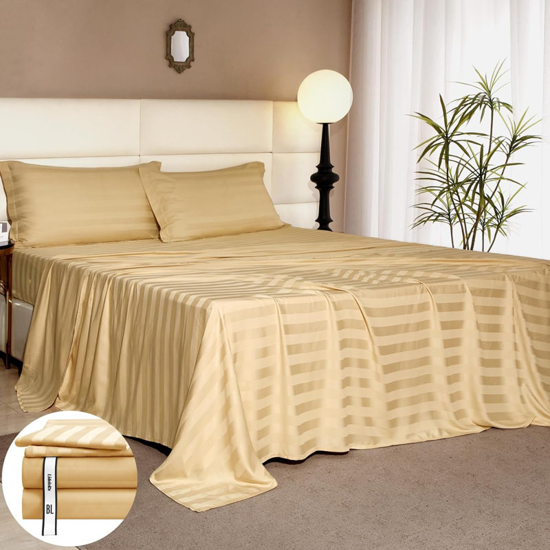 Cooling Silky Striped Sheet Set With Corner Straps, 100% Rayon from Bamboo Bed Sheets, King, Light Gold