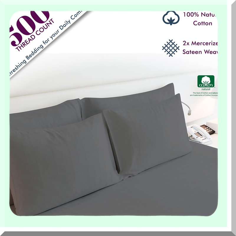 CoolCotton Luxe 500TC Dark Grey Pillowcase Set - Breathable Sateen Weave, Extra Long Staple Cotton for Ultimate Comfort & Cooling Effect