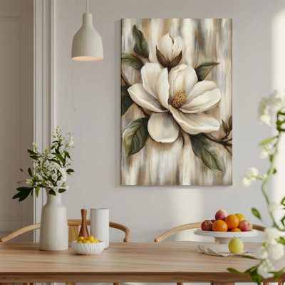Art mural sur toile, fleur de magnolia en pleine floraison avec feuilles vertes, style de peinture à l'huile impressionniste. Décoration murale, œuvre d'art encadrée, prête à accrocher, disponible en 16 x 24, 20 x 30, 24 x 36 pouces