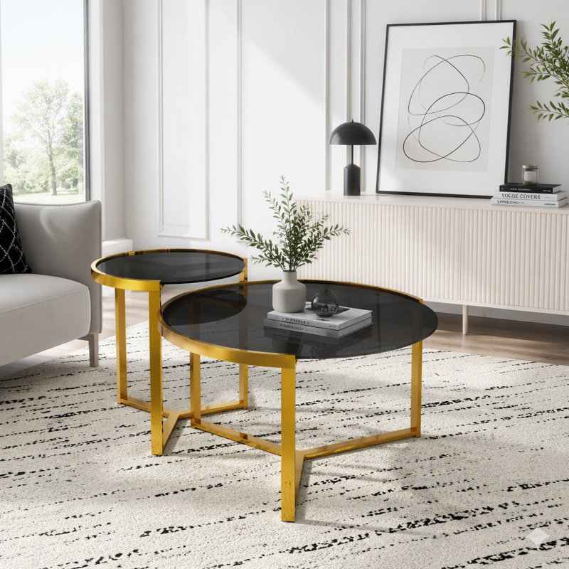 Ensemble de tables basses gigognes en verre doré, L 31,5 po, Noir