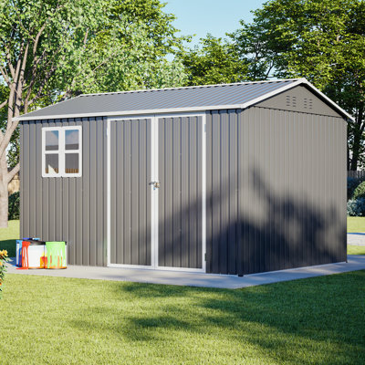 Grande remise extérieure en acier 10 x 8 pi avec fenêtre, portes verrouillables et toit incliné, remise à outils pour le jardin, le patio, la cour arrière, la pelouse - gris