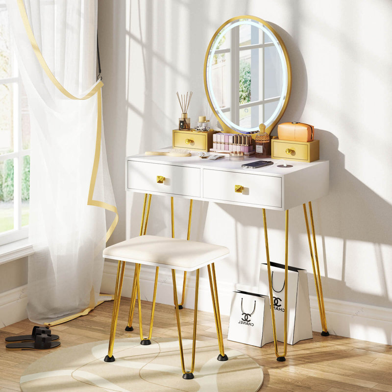 Ensemble coiffeuse et tabouret Portuna, Blanc / doré