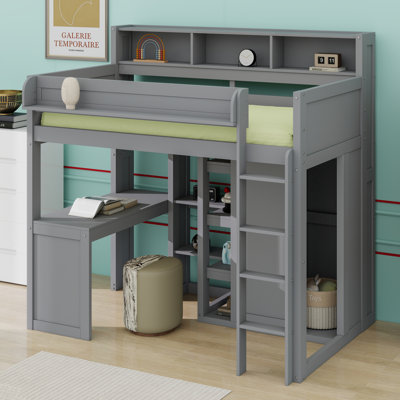 Lit mezzanine en bois avec bureau intégré, tablettes de rangement multiples et garde-robe