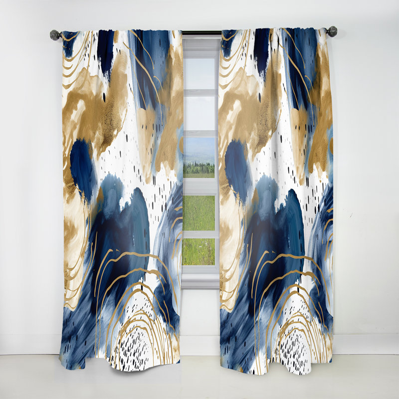 Motif abstrait avec textures bleues et dorées II - Rideau à collages - Velours obscurcissant - 1 panneau, L 52 po x L 95 po