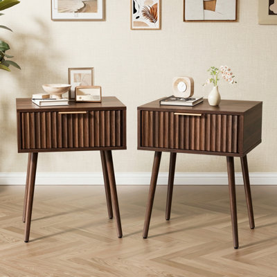 18.9" Walnut Relief Nightstand, Particleboard & MDF, Melamine & Vacuum Forming, 1 Drawer, High Leg (2 Pcs)