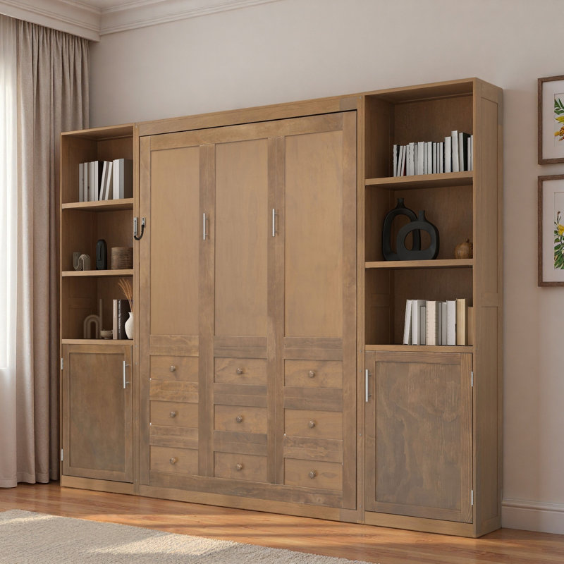 Lit escamotable en bois avec tablettes et armoires de rangement
