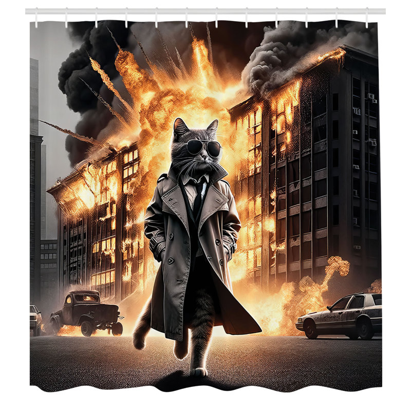 Cinematic Cat Agent Pale Orange and Dark Grey Fabric Shower Curtain