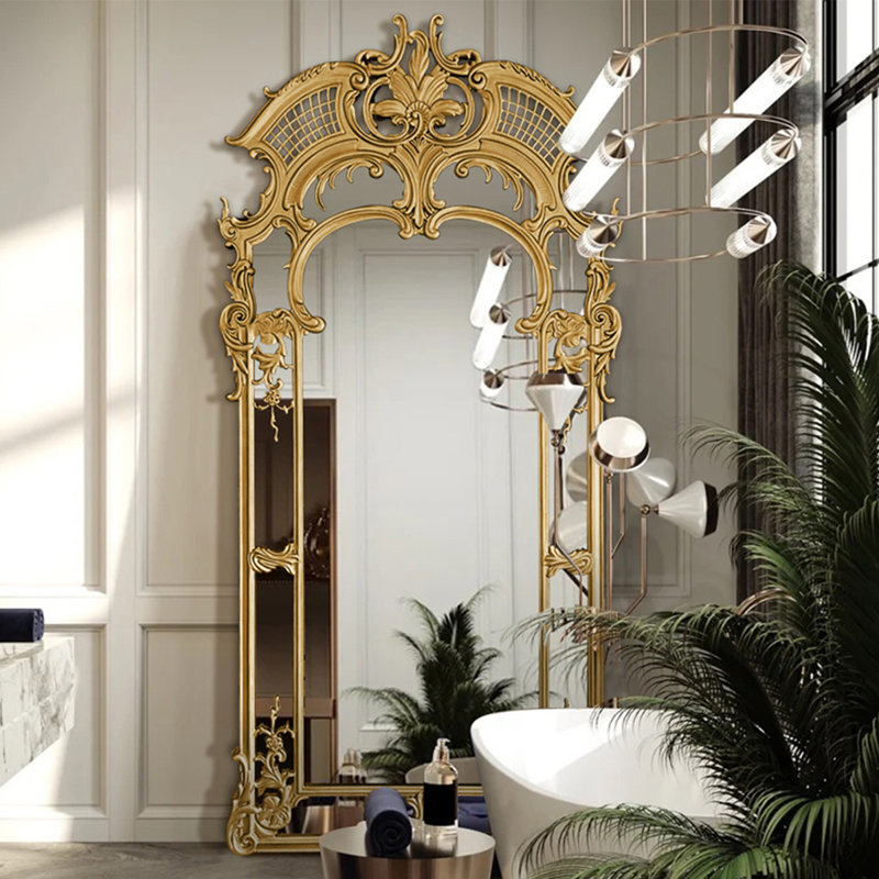 French-Style Vintage Engraved Wall-Mounted And Floor-Standing Full-Length Mirror, Gold, 35.43" x 76.77"