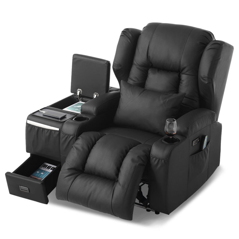 Aguilera Power Recliner Chair with Multi-Functional Console Set, LED Light, Cup Holders, Free Pillows, Black Faux Leather
