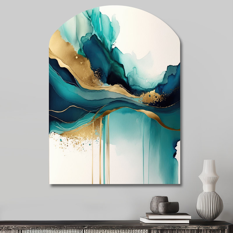 Sarcelle et or abstrait Expression II - encre liquide asymétrique, décoration murale en métal, arche turquoise