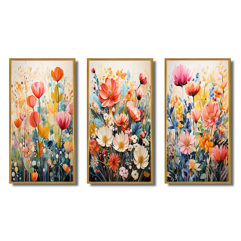 «Multicolored Flowers Collage III», 3 pièces sur toile, H 40 po x l 60 po, Cadre flottant doré