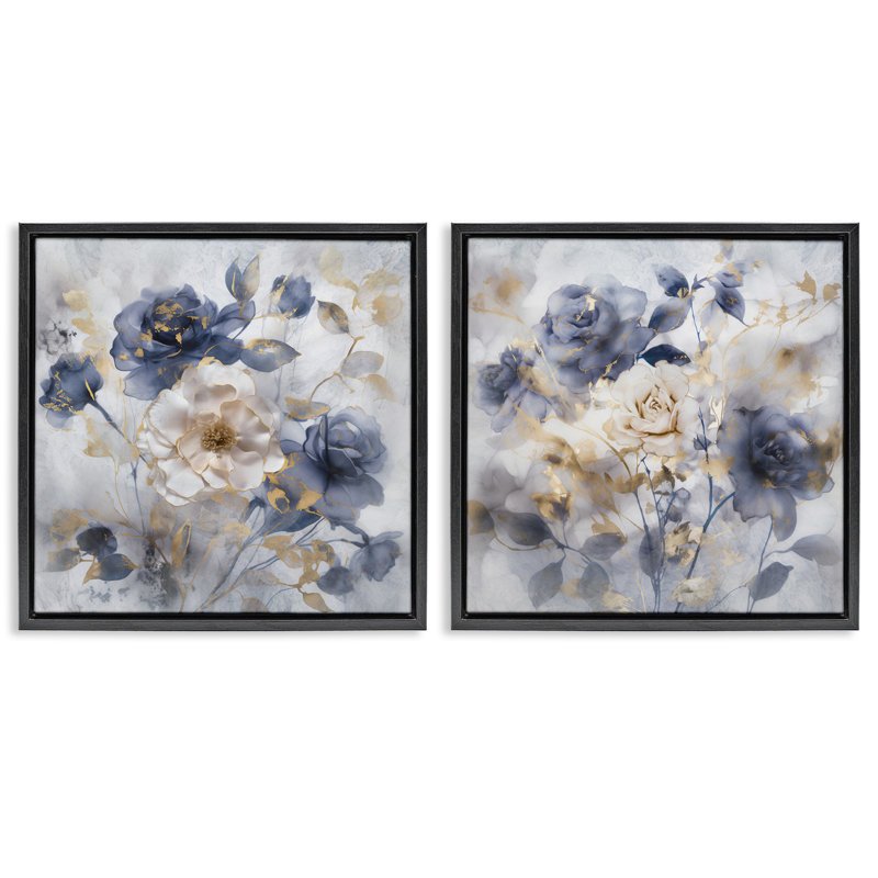 Ensemble de 2 toiles flottantes encadrées bleues et dorées, design par Irene Weisz, H 18 po x l 18 po