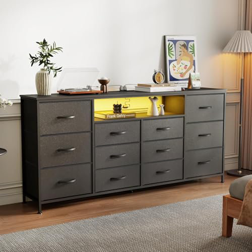 63" Dresser TV Stand for 65 70 75 Inch TV, Fabric Chest of Drawers with Charging Station, LED Lights, Black