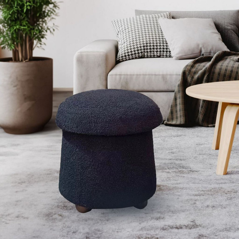 17" Soft Sherpa Fabric Upholstered Storage Ottoman Stool, Black