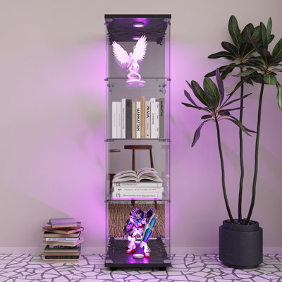 Marialyce 4-Tier Glass Display Cabinet with LED Lighting, Lockable Single Door Curio Cabinet with Key, Mirror Back Display Case for Collectibles, Figures, Books and Decor