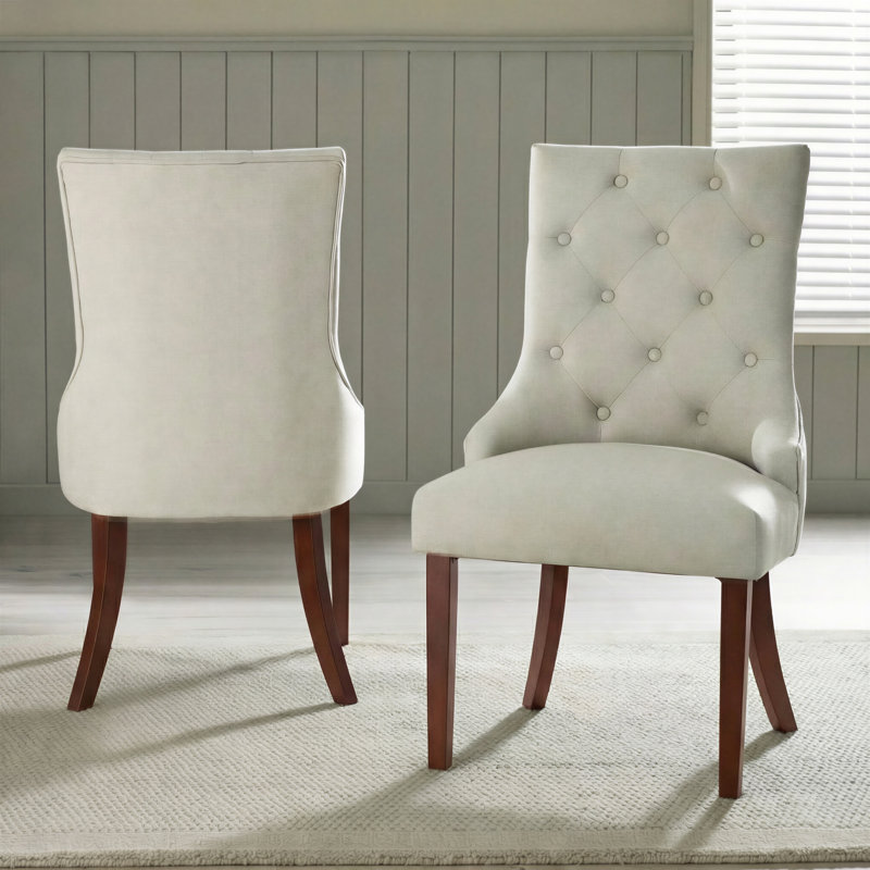 Eubanks Beige Linen Fabric Dining Chairs Oak Effect Legs - Luxury Modern Chesterfield Style, Walnut