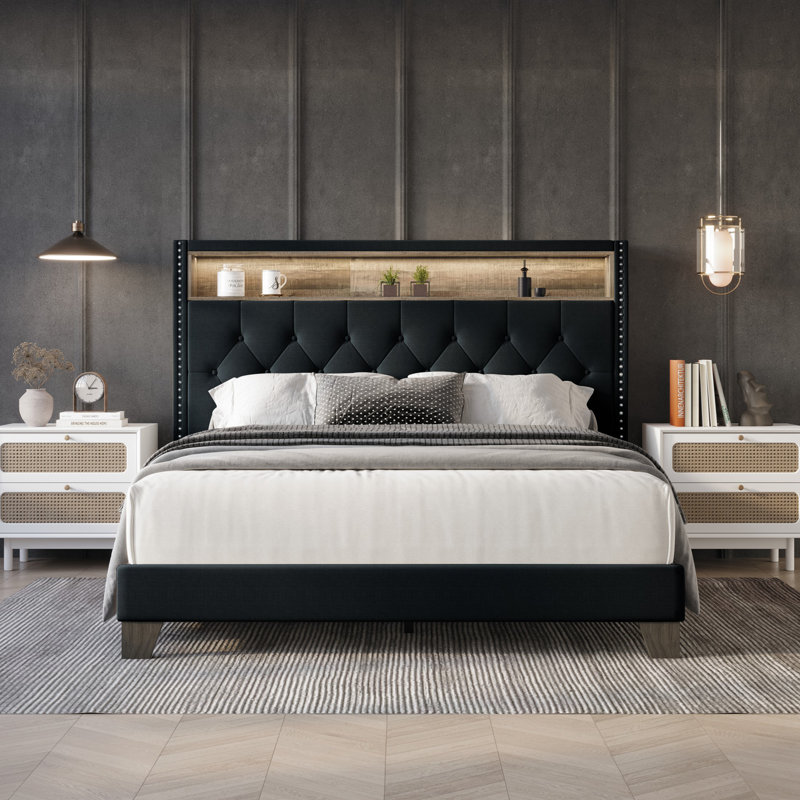 Fording Upholstered Bookcase Storage Bed, Charcoal Gray, Twin